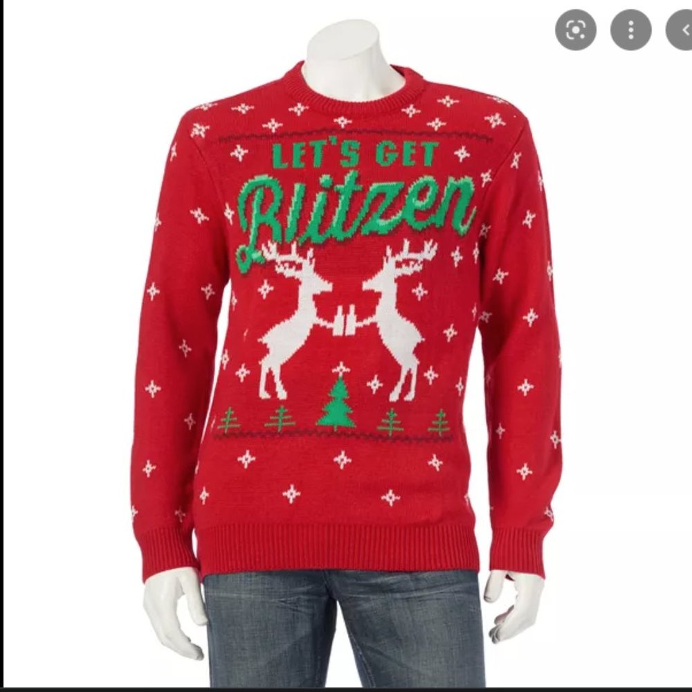 Party Sweater Red Crew Neck Lets get Blitzen Christmas L/S Sweater Size Large